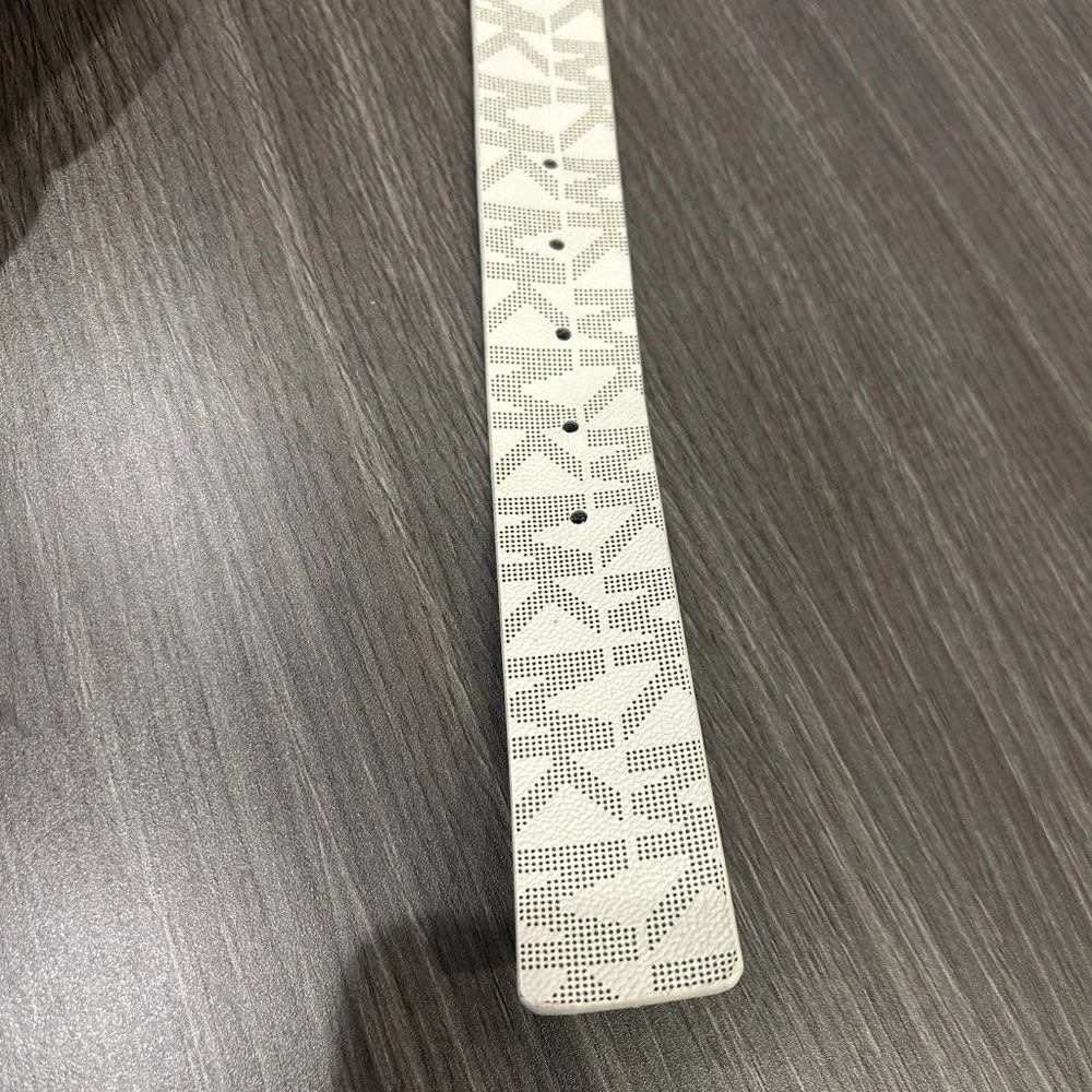 Michael Kors White and Brown Monogram Leather Gold Buckle Belt
